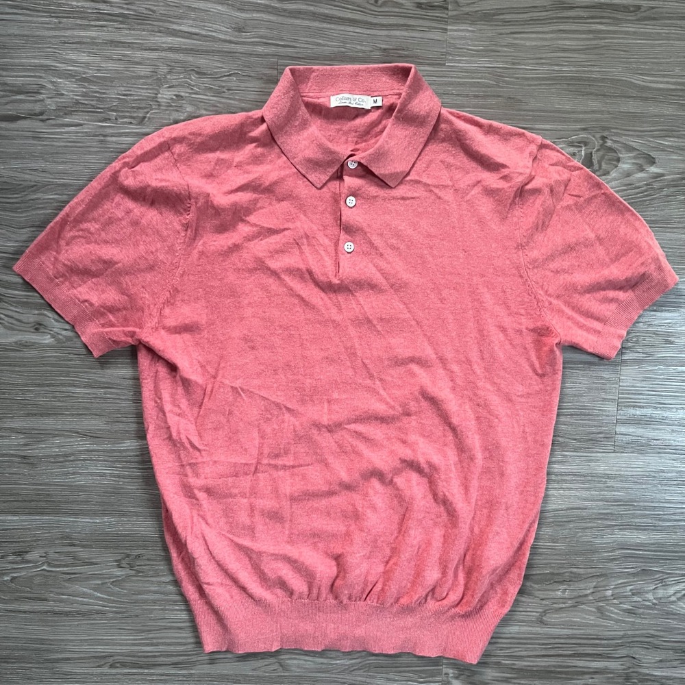 Collars & Co Mens Coral Pink Linen Cotton Short Sleeve Knit Polo Sweater Size M